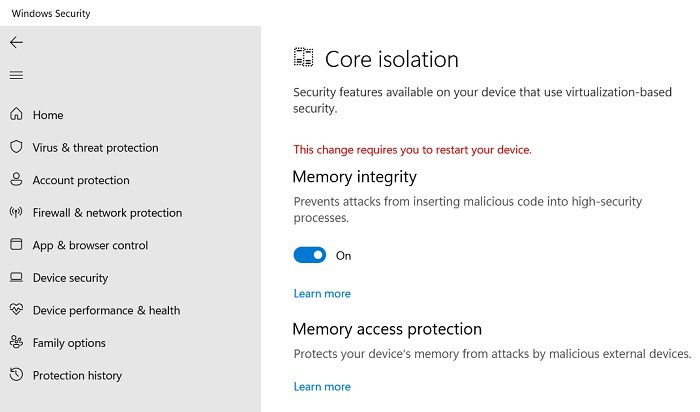 Включение виртуализации и целостности памяти