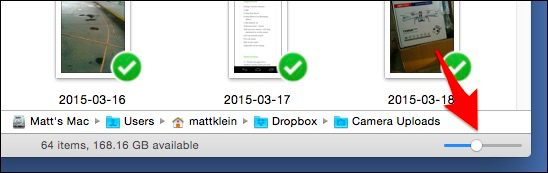 Регулятор размера значков внизу окна