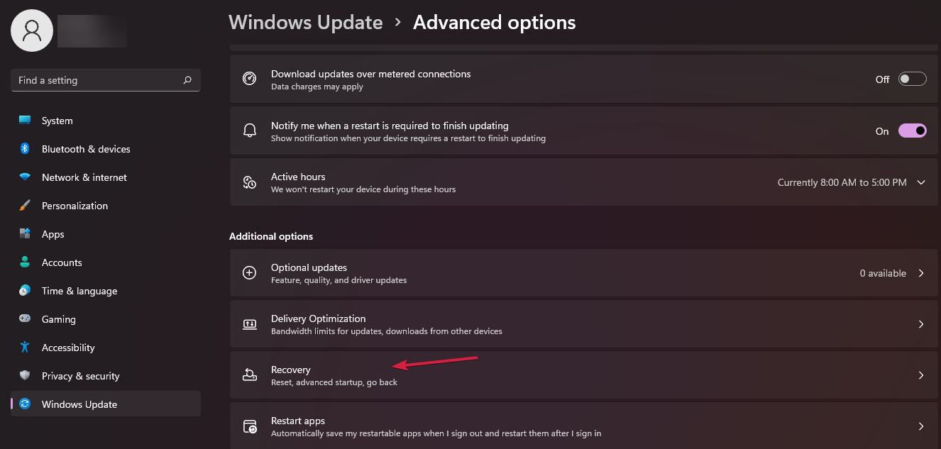 Раздел 'Восстановление' в настройках