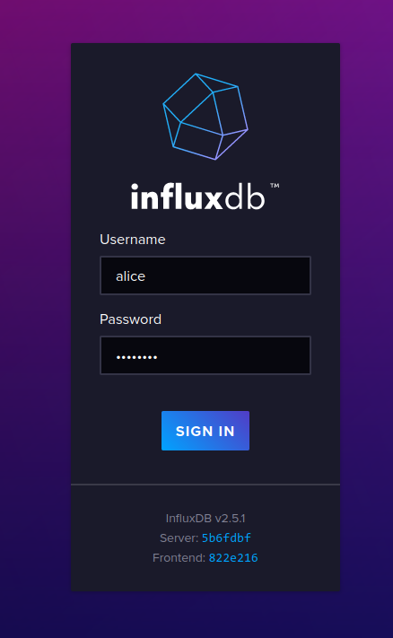 Страница входа в веб UI InfluxDB