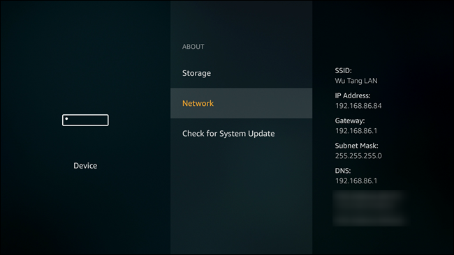 Скриншот информации о сети и IP-адресе Fire TV