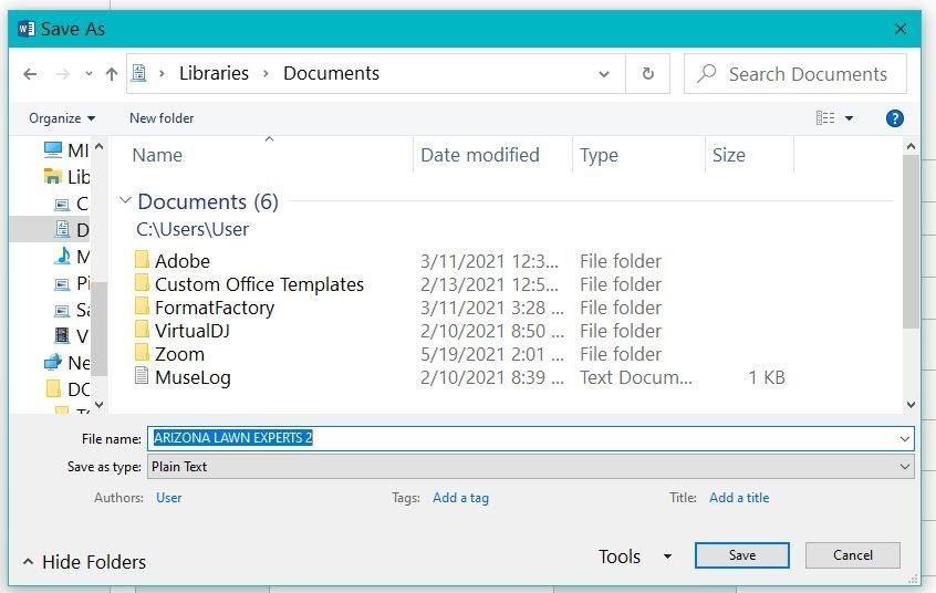 Окно Сохранить как при экспорте в Plain Text