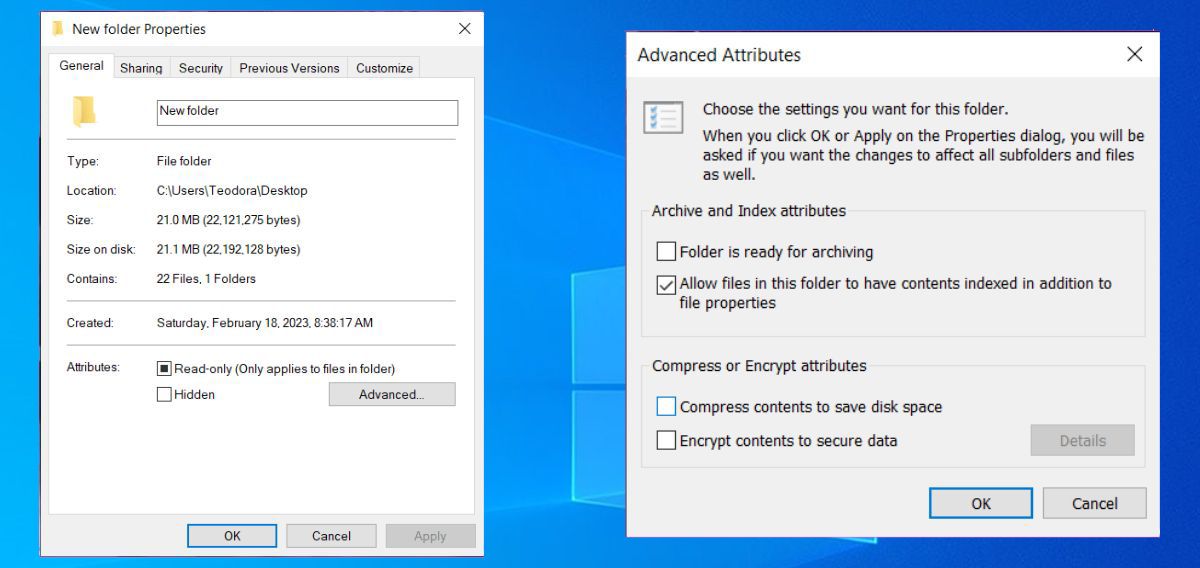 Окно свойств файла с опцией сжатия NTFS