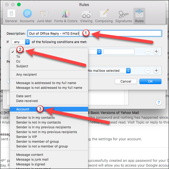 Выбор условия Account в правилах Mail