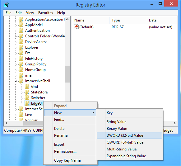 Скриншот: создание DWORD значения в ключе EdgeUI