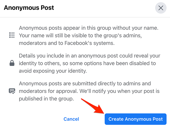 Нажмите «Создать анонимный пост» в окне «Анонимный пост» на сайте Facebook.