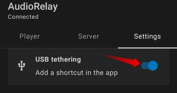 Включение USB Tethering в приложении AudioRelay на Android.