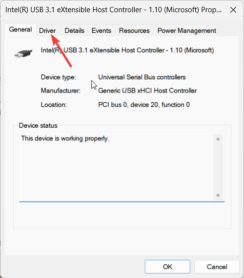 Вкладка драйвера в свойствах устройства