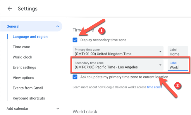 Включите «Показывать вторичный часовой пояс», выберите второй часовой пояс и задайте метку