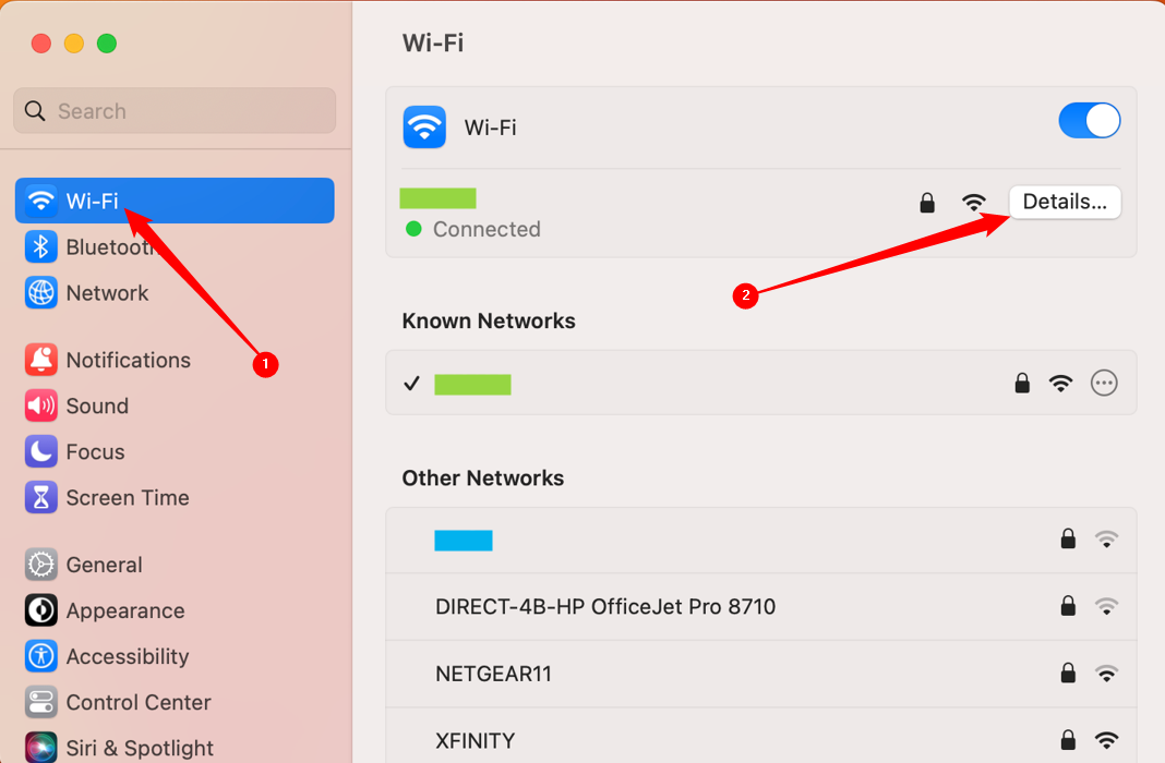Выбор Wi‑Fi и кнопка Details рядом с названием сети