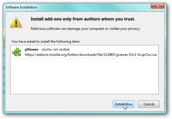 Окно установки gViewer в Firefox