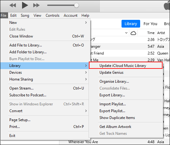 В iTunes нажмите File, затем Library, затем Update iCloud Music Library