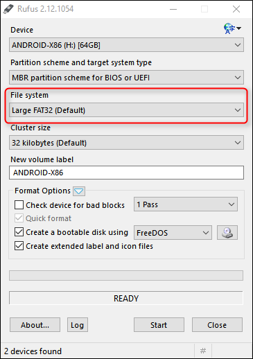Rufus: выбор файловой системы FAT32