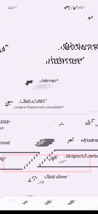 Пункт меню Точка доступа и модем в Android