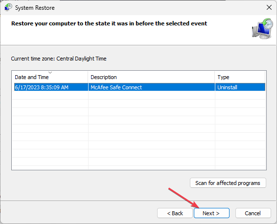 Скриншот выбора точки восстановления системы