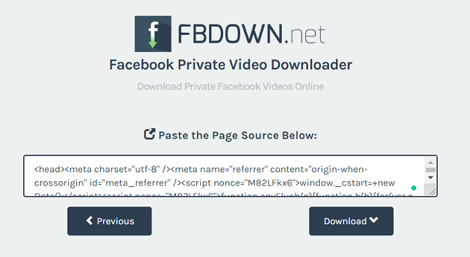Скриншот FBDown Private: поле для вставки URL и источник Page Source