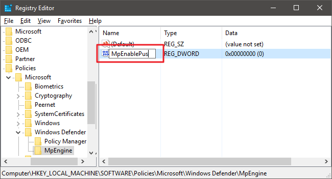 Создание значения MpEnablePus