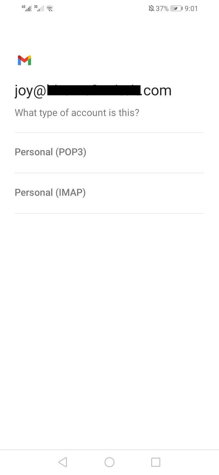Выберите тип учётной записи: Личная (IMAP)