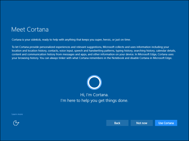 Экран включения Cortana в Windows 10