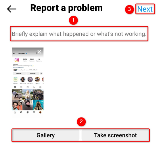 Страница заполнения описания ошибки, добавление изображения и переход к следующему шагу.