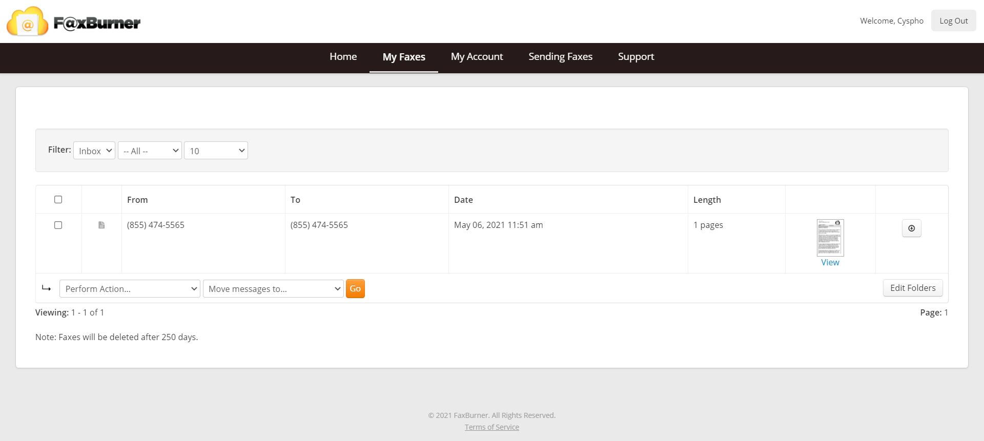 Интерфейс страницы «My Fax» в FaxBurner.
