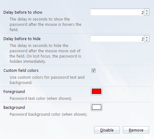 Страница настроек расширения Show Password Field