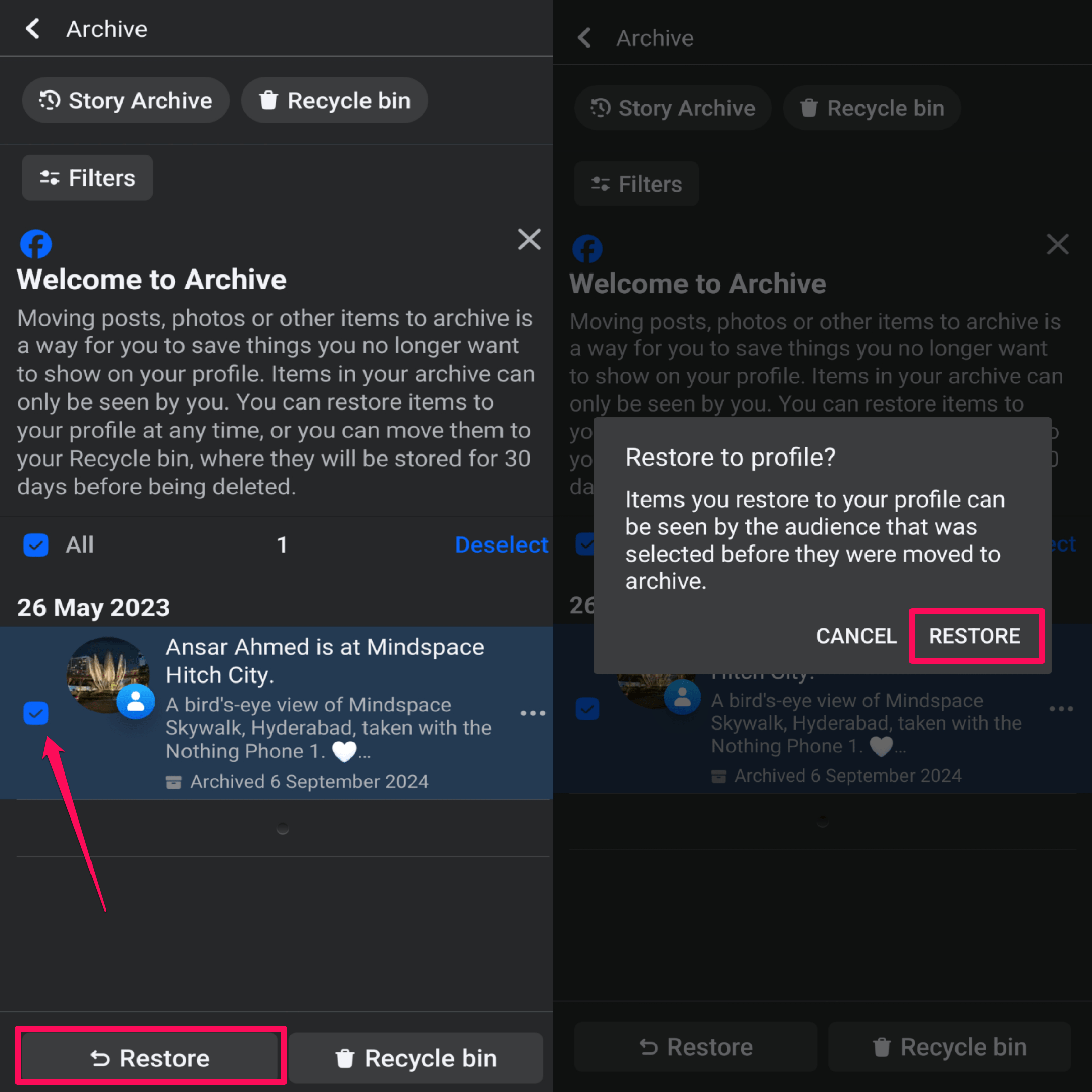 Sélection d'une publication archivée et option Restaurer