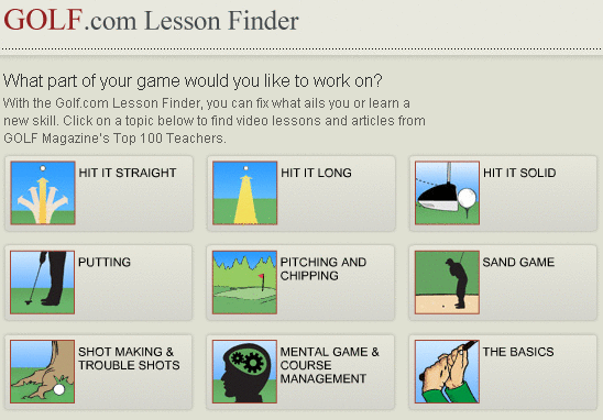 Поиск уроков на Golf.com — интерфейс Lesson Finder с опциями обучения