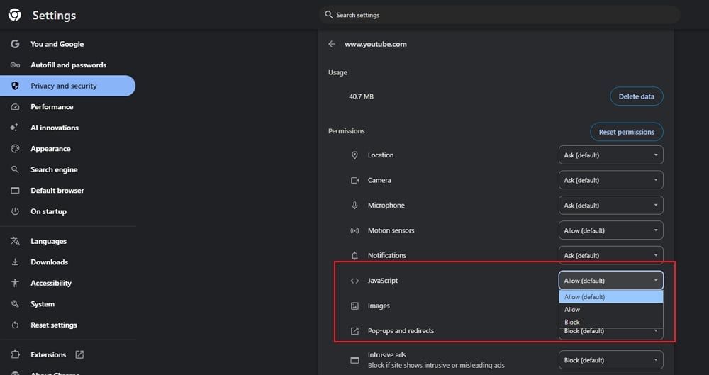 deshabilitar javascript para youtube en chrome