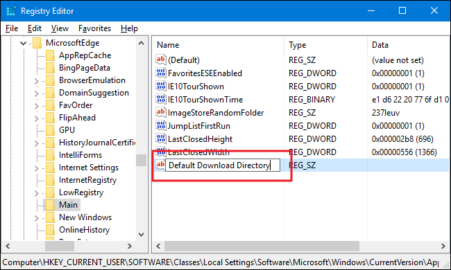 Создание строкового значения Default Download Directory