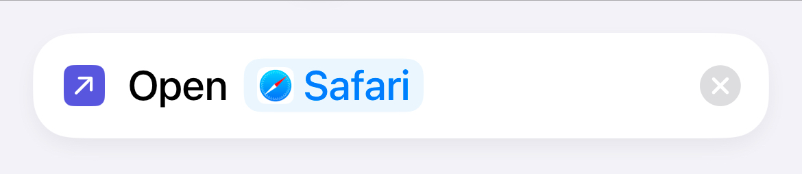 Добавление действия Открыть приложение в Shortcuts.