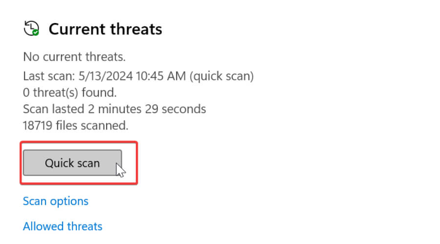 Результаты быстрого сканирования Защитника Windows
