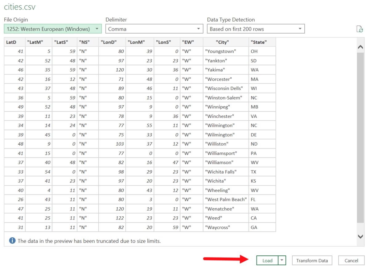 Импорт CSV в Excel — окно предварительного просмотра