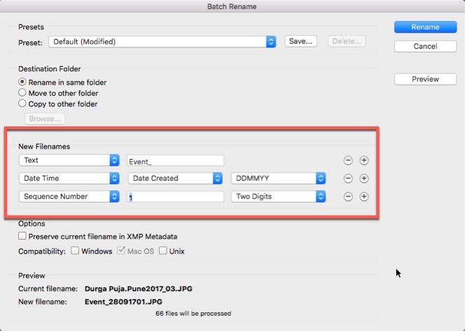 Опции пакетной обработки: шаблоны имён, счётчики, дата/время