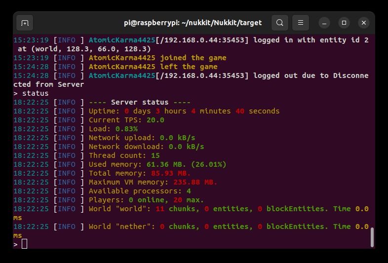 Raspberry Pi Bedrock Edition server status