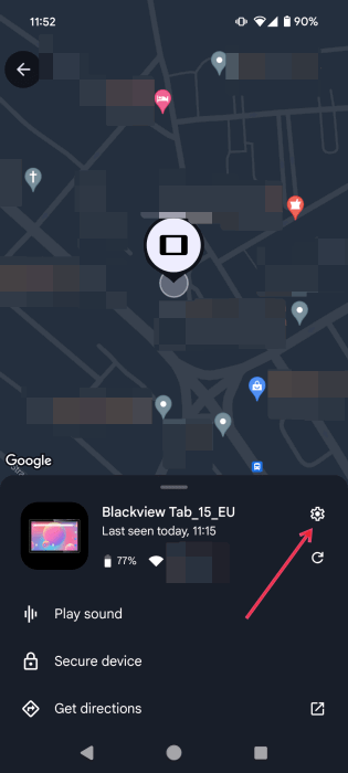 Иконка настроек для устройства в приложении Find My Device