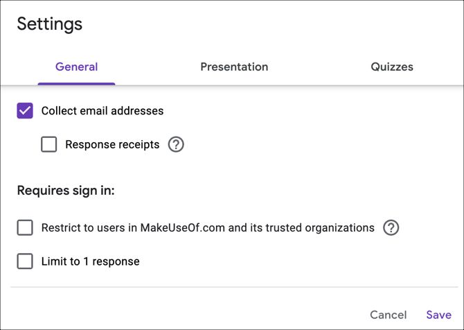 Параметр сбора адресов электронной почты в Google Forms