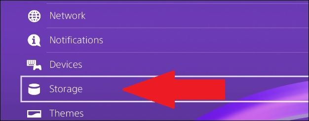 Меню настроек PS4 с указателем на раздел хранения