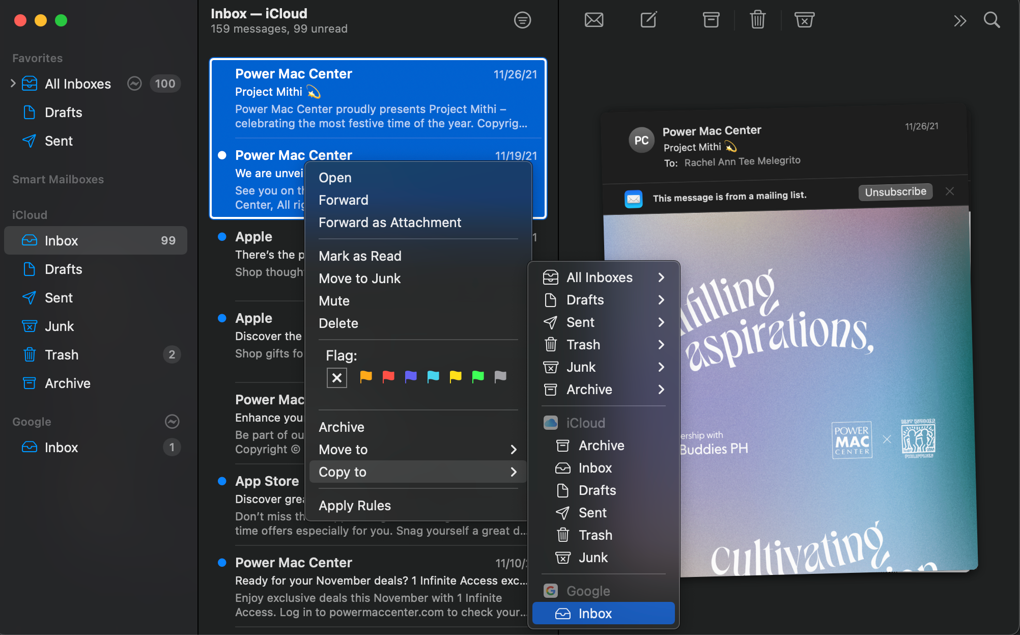 Перемещение письма между почтовыми ящиками в Apple Mail