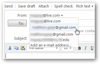 Hotmail: список адресов отправителя и выбор адреса по умолчанию