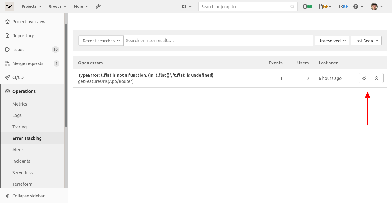 Скриншот Error Tracking в GitLab