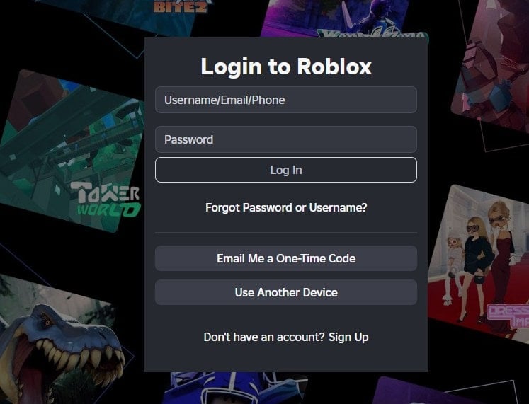 Страница входа Roblox — поле для имени пользователя