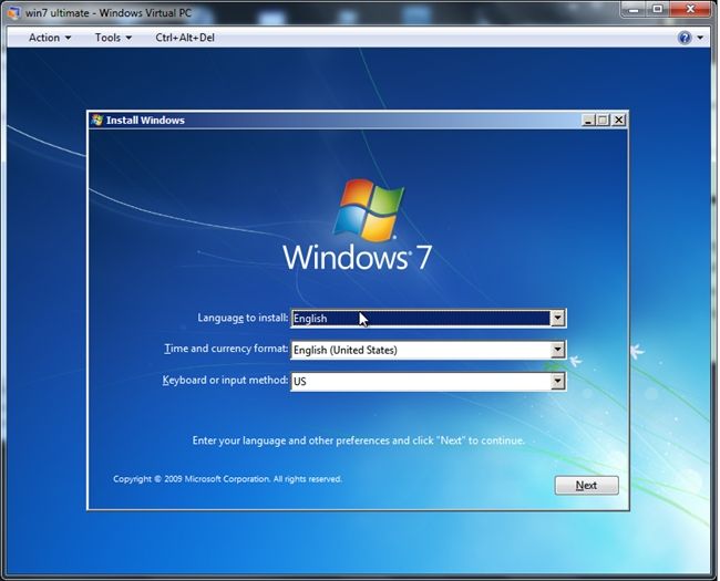 Выбор языка и региональных параметров установщика Windows 7