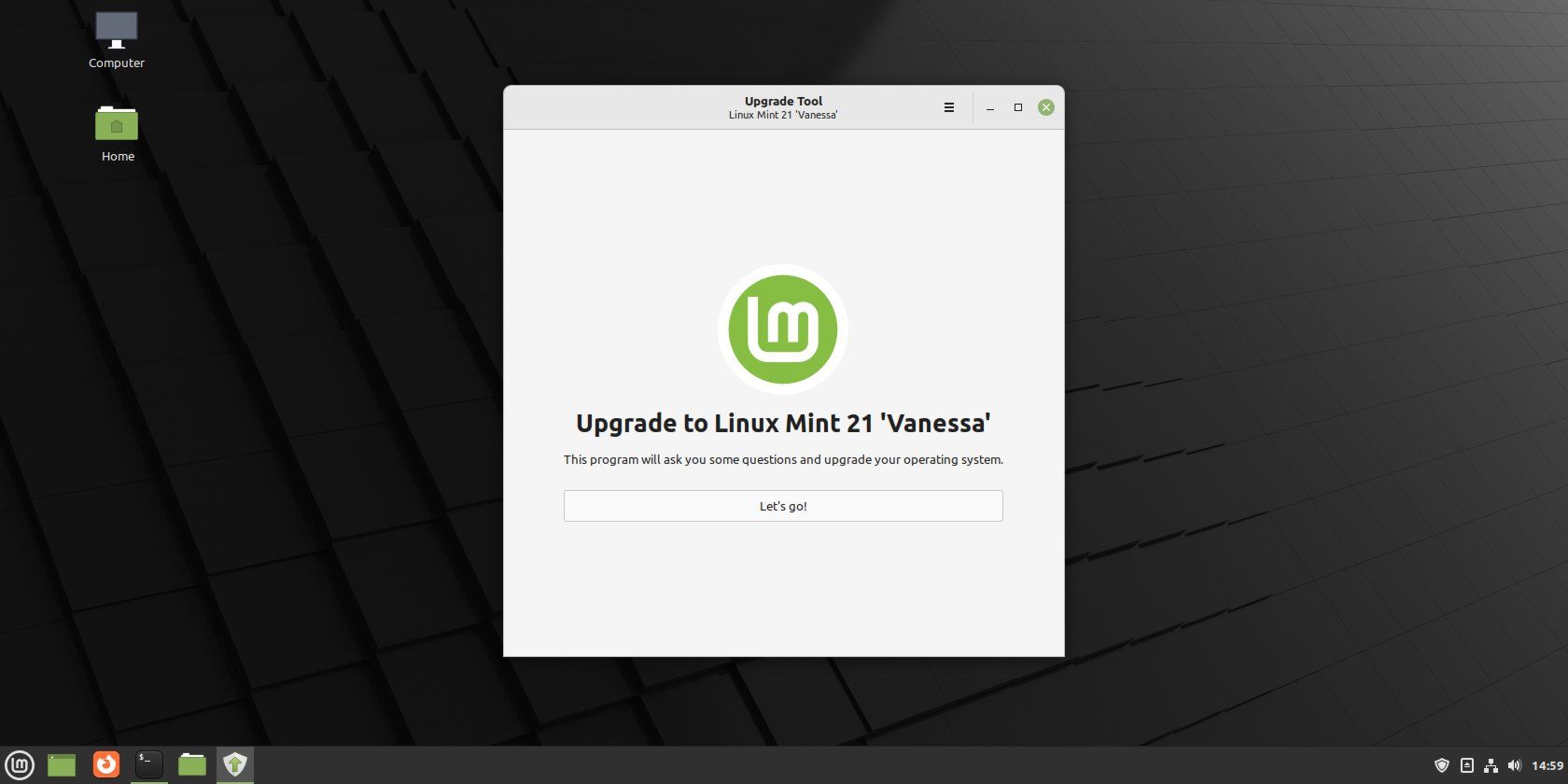 Экран приветствия инструмента обновления Linux Mint.