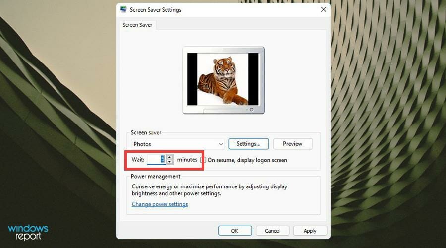 Поле Wait для установки задержки запуска заставки