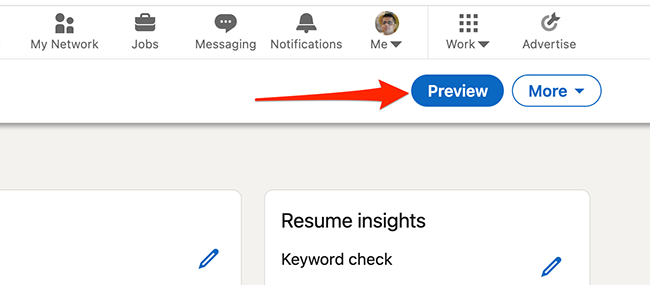 Нажмите «Предпросмотр» для просмотра резюме, созданного в конструкторе LinkedIn