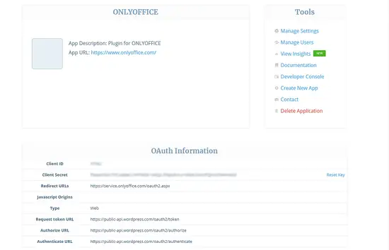 Страница OAuth Information с Client ID и Client Secret