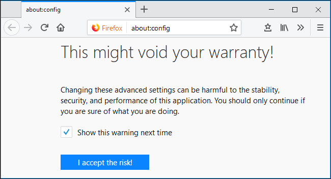 Предупреждение в about:config: 'Это может лишить гарантию'