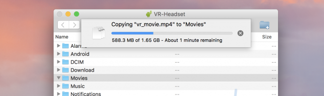 Окно Android File Transfer, в папке показана папка Movies