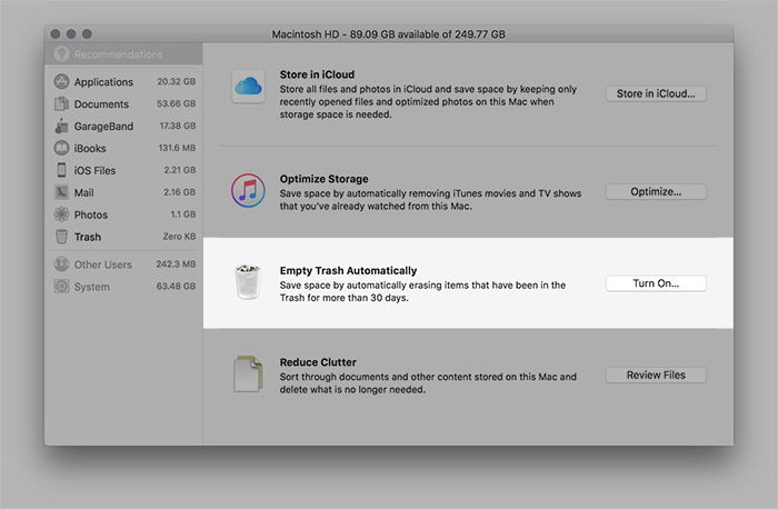 Опция автоматического очищения корзины спустя 30 дней